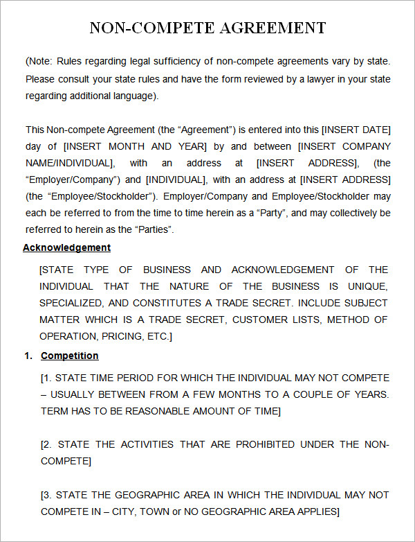 Non Compete Agreement Template Free Download   Schreibercrimewatch.org