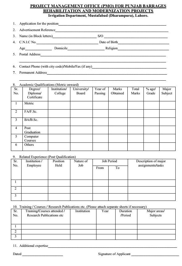 Application Form Project Management Office Punjab Barrages Project 