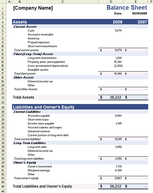 Sample Balance Sheet Template for Excel