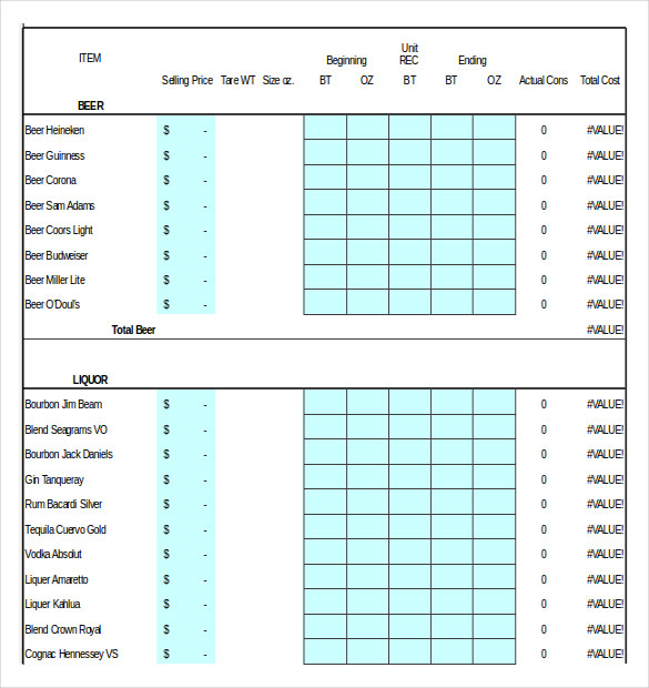 bar inventory spreadsheet template