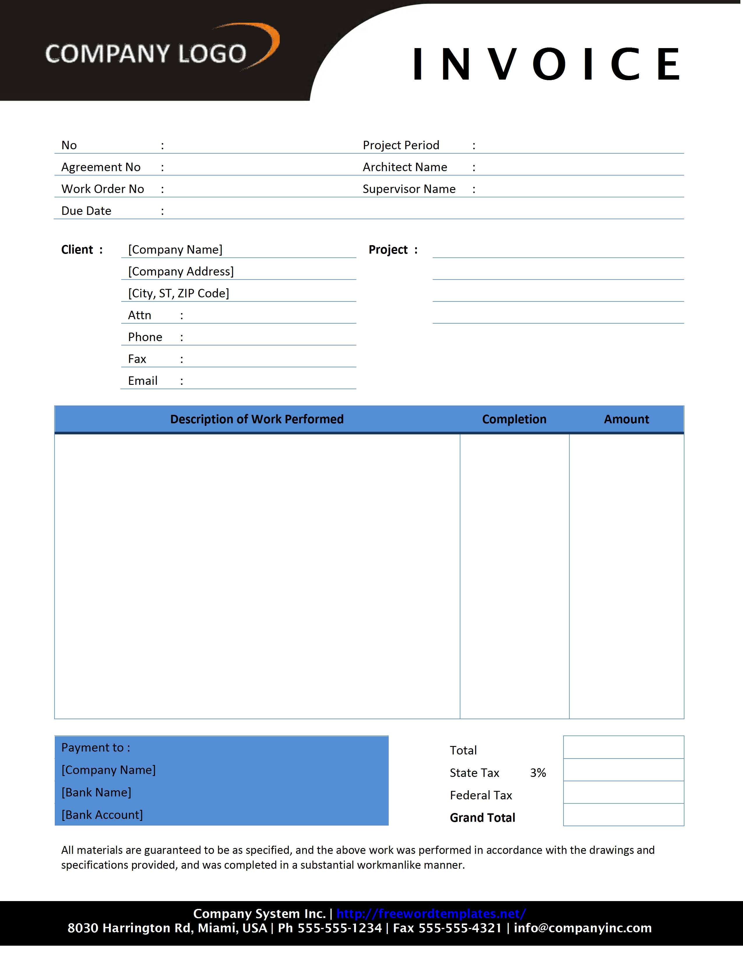 sample contractor invoice template