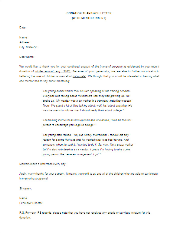 donor thank you letter template donation thank you letter template 