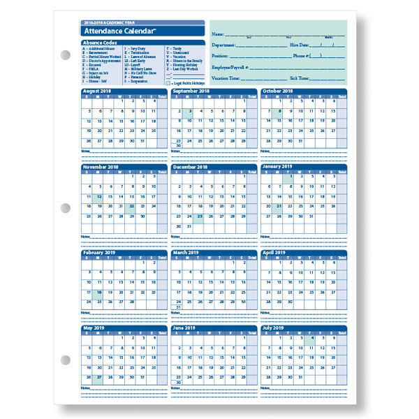 Employee Attendance Calendar for the 2018   2019 Academic Year