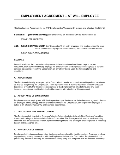 Employment Agreement At Will Employee   Template & Sample Form 