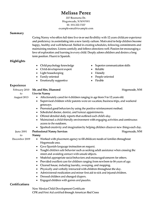Job Winning Experienced Nanny Resume Template Sample For Family 