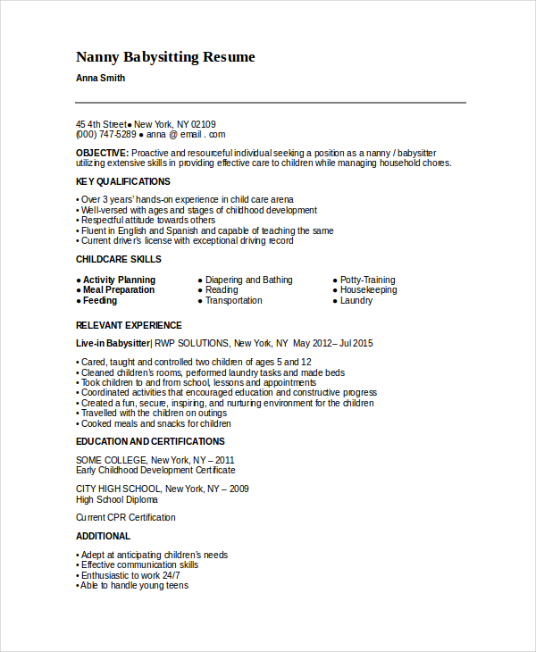 Nanny Resume Template   5+ Free Word, PDF Document Download | Free 