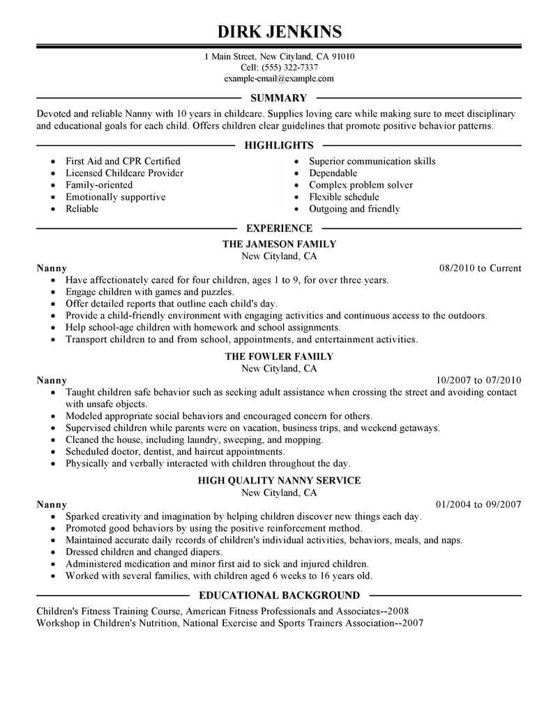 free nanny resume templates   Mini.mfagency.co