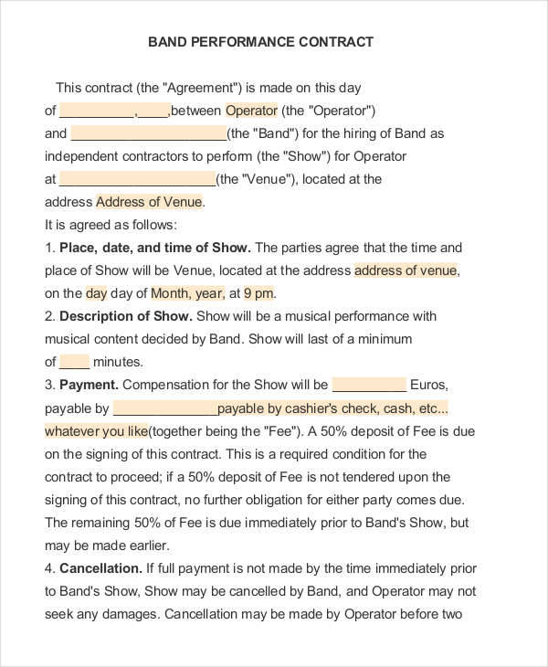 music performance agreement template 9 performance contract 