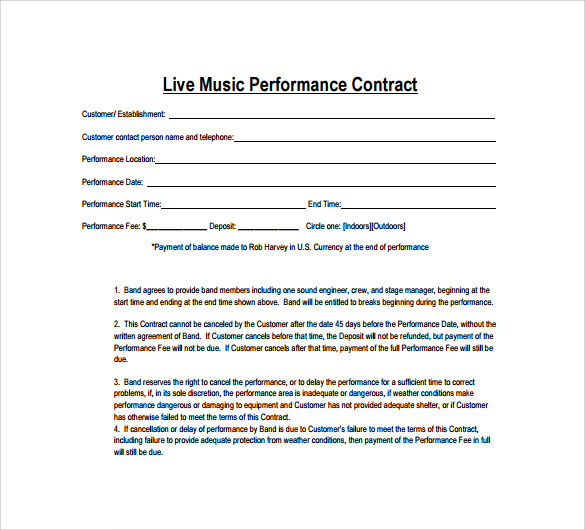 music performance agreement template sample music contract 