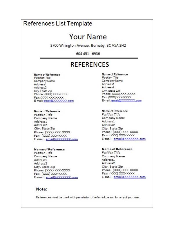 Professional Reference List Template Word – emmamcintyrephotography.com