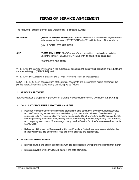 Terms of Service Agreement   Template & Sample Form | Biztree.com