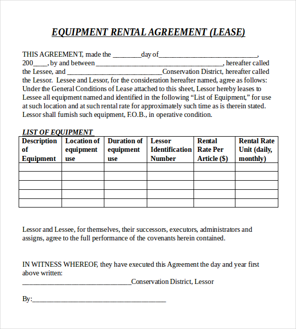 simple equipment lease agreement template equipment lease 