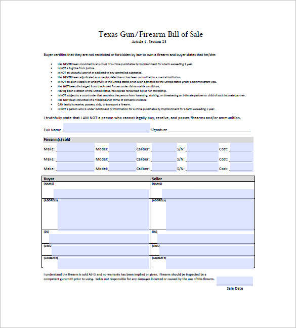 Bill Of Sale Form Texas Firearm Bill Of Sale Templates   Fillable 